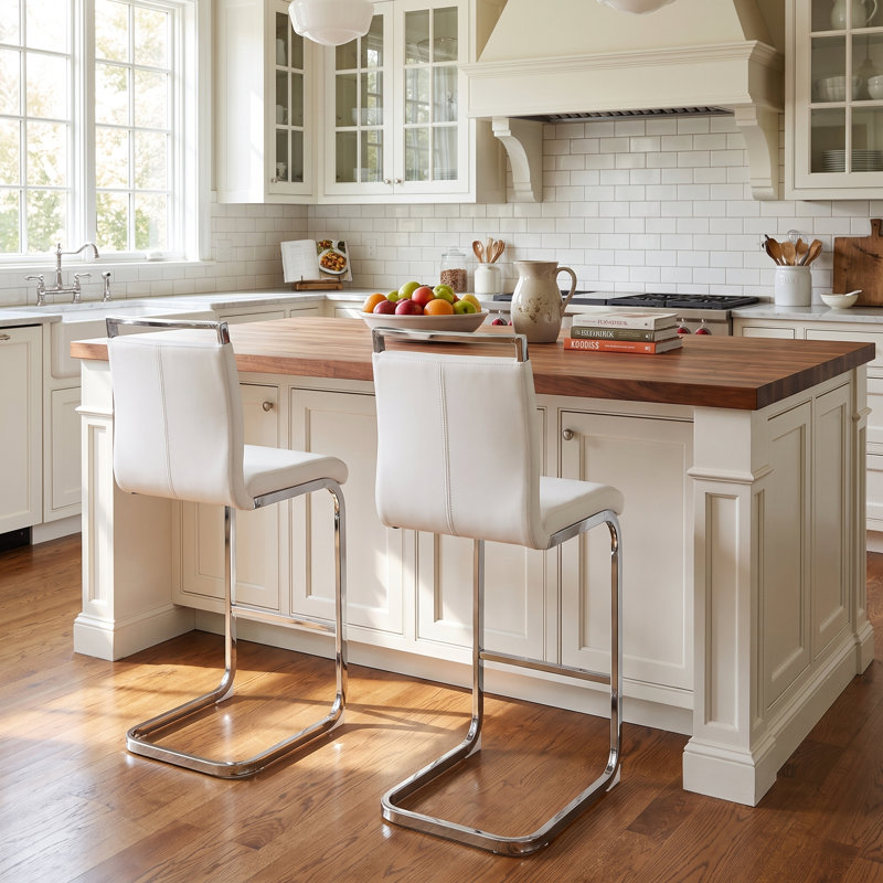 Chatrice 25'' Faux Leather Counter Stool with Metal Frame, Silver, White
