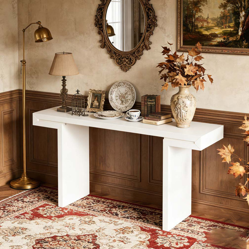 60-Inch Console Table with Geometric Clean Lines Design, White