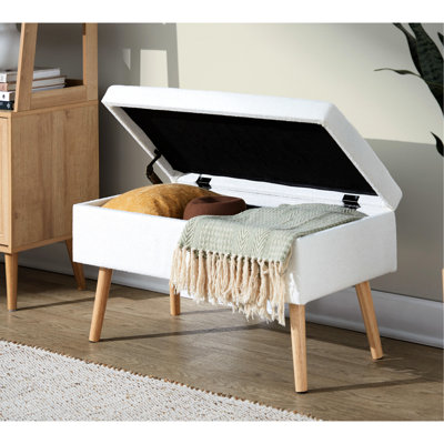 Banc élégant en bois naturel et tissu crème, couvercle rabattable, pieds solides, longueur intérieure de 30 po, hauteur du produit de 16,37 po, profondeur de 15,5 po, utilisation à l'intérieur seulement, limite de poids de 500 lb, bois à assembler, multi