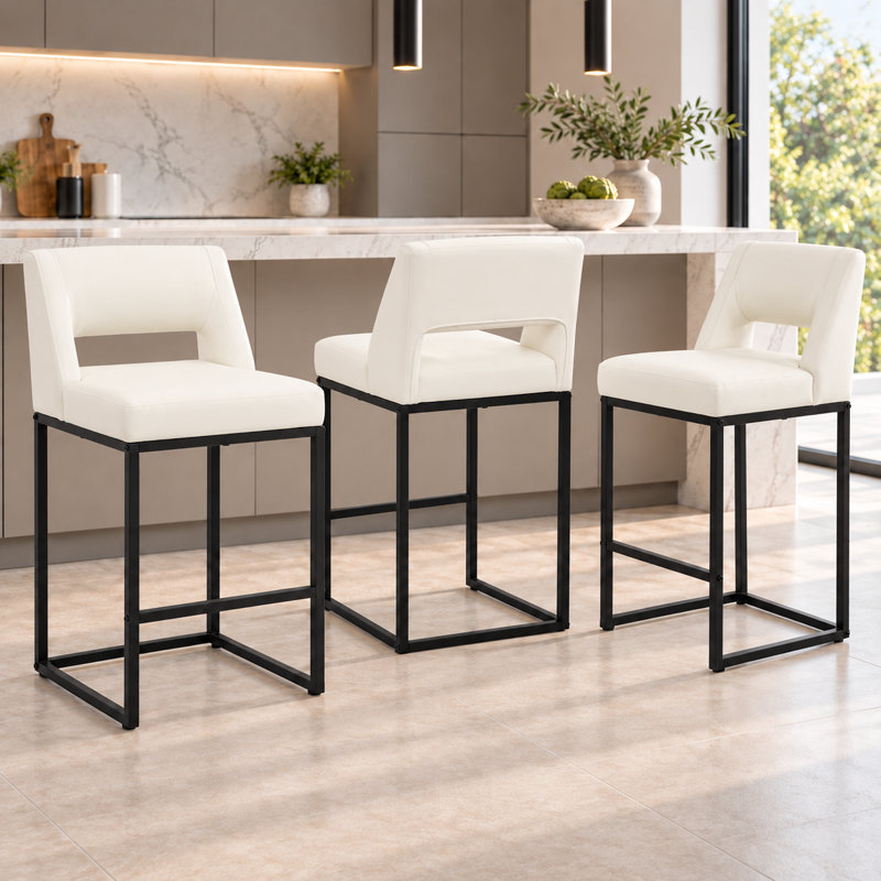 Counter Stool with Steel Frame, Beige-Leather