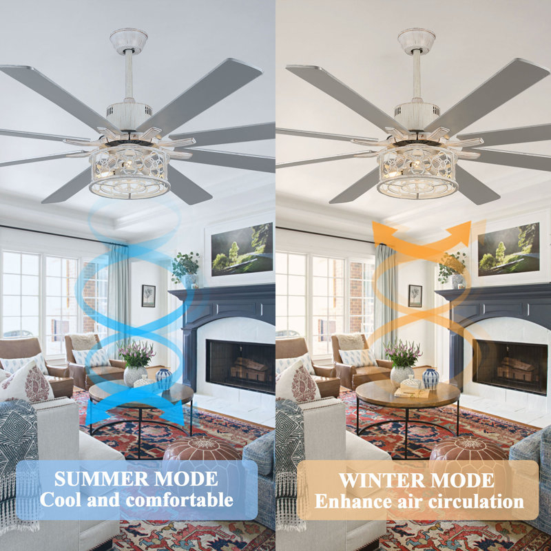 72 Inch Industrial Caged Ceiling Fan with Remote, Silent DC Motor Ceiling Fan with Light for Dining Room, Distressed White