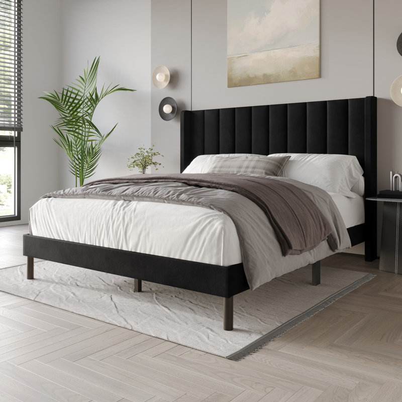 Herrin Upholstered Wingback Panel Bed, Black, Full