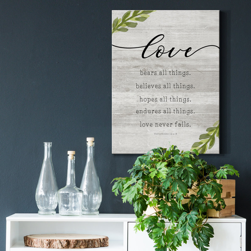 «Love Never Fails» par Natalie Carpentieri, reproduction d'art textuel sur toile tendue, H 32 po x l 24 po x P 1 po