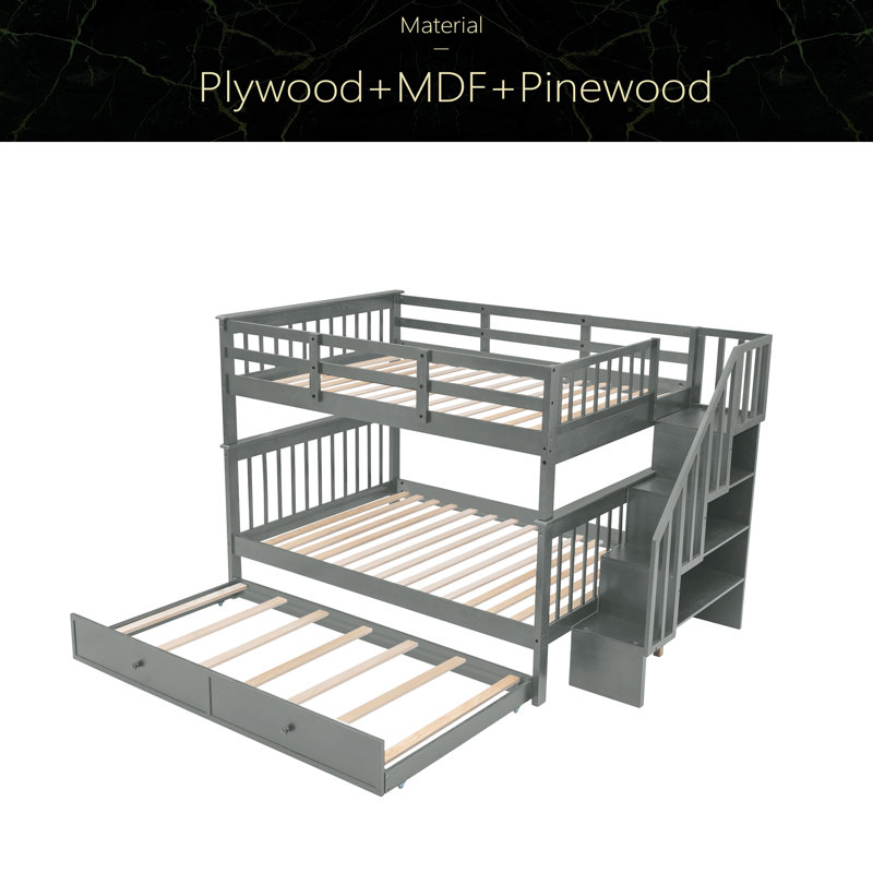Full-Over-Full Bunk Bed With Twin Size Trundle, Storage And Guard Rail For Bedroom, Grey