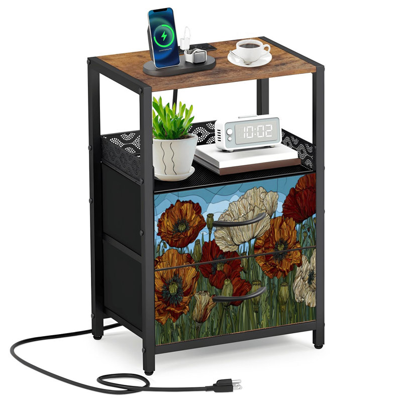 Table de chevet à 2 tiroirs en tissu avec station de charge avec table de chevet à fleurs détaillées Green Meadow