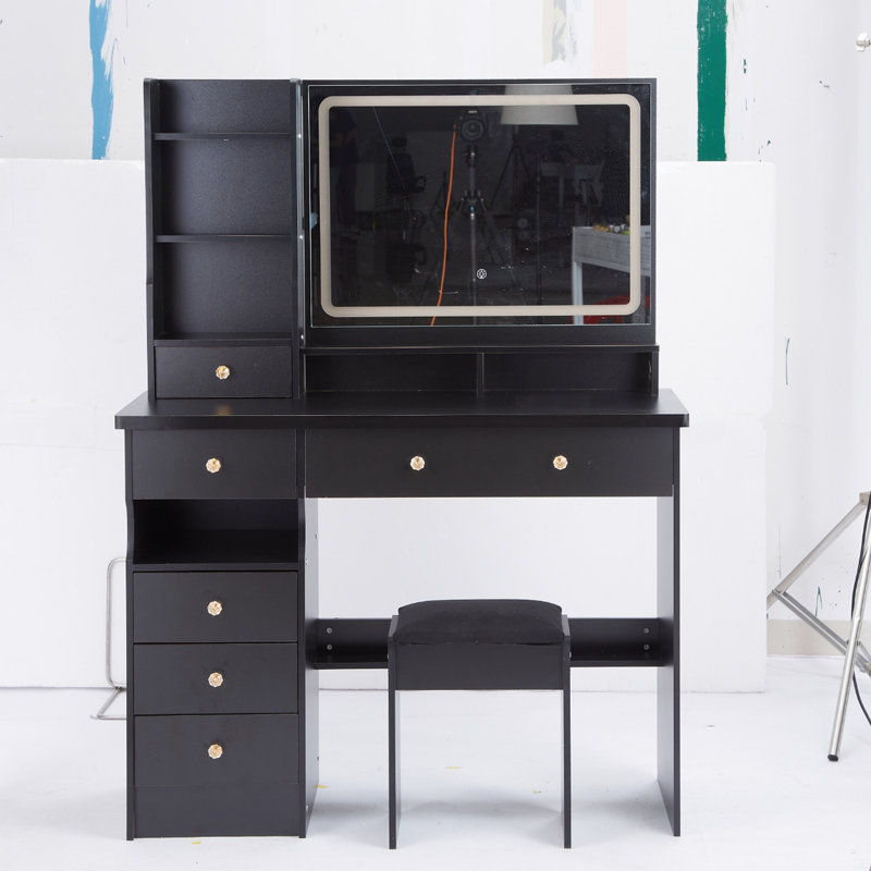 Meuble-lavabo de 41 po avec tiroir à gauche et tabouret rembourré 41 po, miroir à DEL très grand à commande tactile, interrupteur à 3 couleurs, commode à plusieurs niveaux avec rangement haute capacité