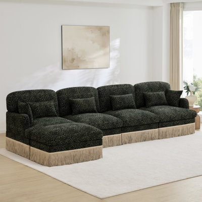 Canapé modulaire en chenille à imprimé léopard avec pompons