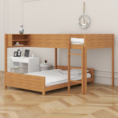 Structure de lit superposé en bois fonctionnel avec échelle et tablette de rangement, support de lattes durable