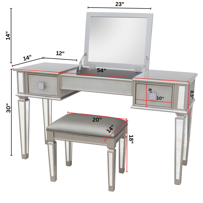 Mirrored Vanities Desk With Drawers, Bedroom Makeup Vanity Table Set With Mirror And Stool, Flip Up Dressing Table, Silver