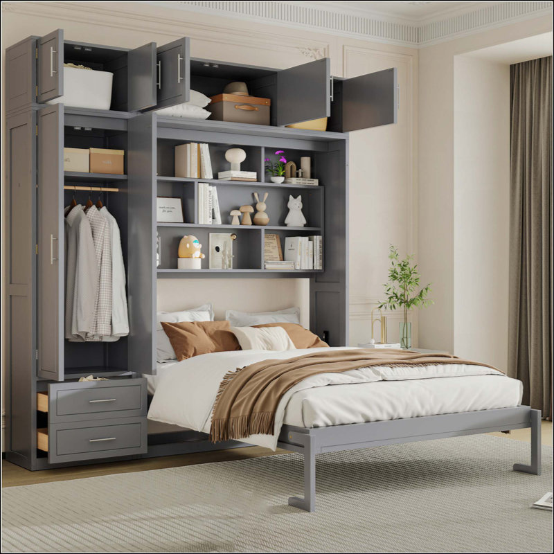 Lit escamotable mural avec armoire supérieure, tablettes et garde-robe, lit pliable peu encombrant, Gris
