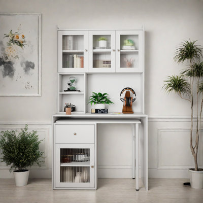 Modern Glass Door Computer Desk with 90° Wood Rotating Desk, Spacious Home Office Desk for Study or Work