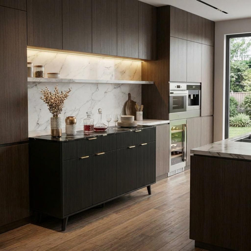 Buffet Buffet, buffet avec 2 tiroirs et 4 portes en rotin, buffet en rotin avec tablettes réglables, Noir