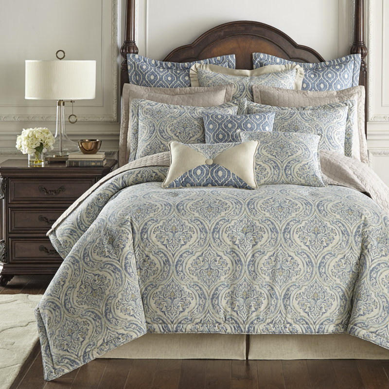 Aberdeen Cotton Ring Stitch Damask Comforter, King Comforter + 2 Shams, Blue/Off White