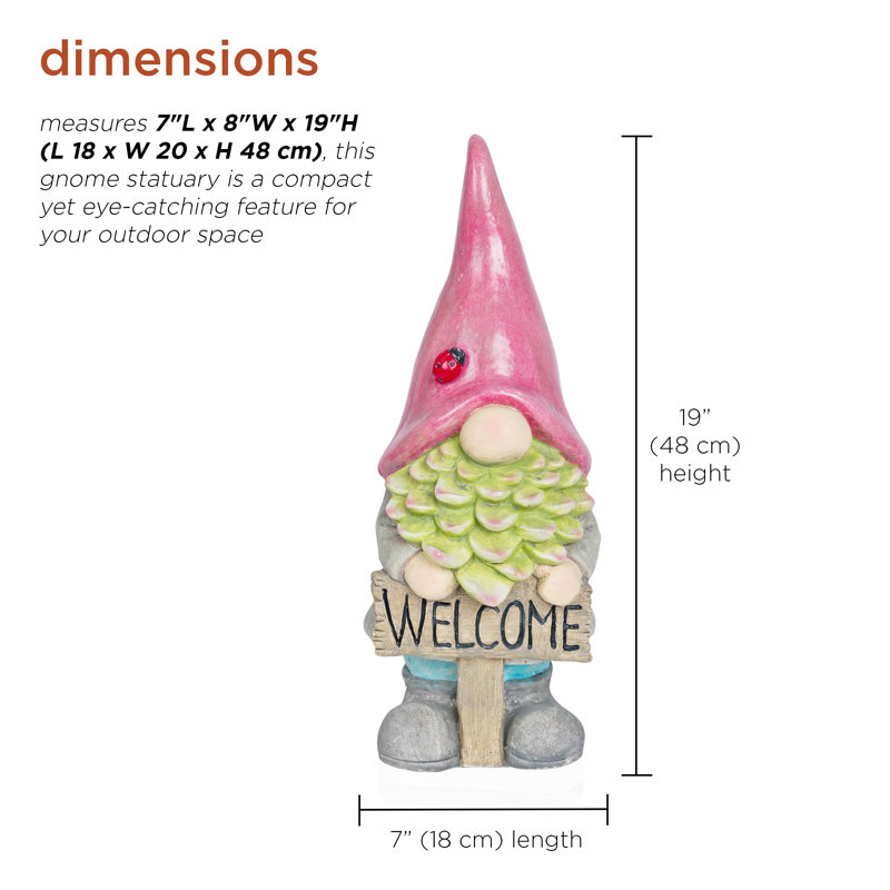 Gnome de 19 po avec chapeau rouge tenant une pancarte de bienvenue pour le jardin, le patio et le sentier