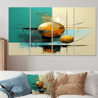 «Double Moon Rising Turquoise Gold I», art mural géométrique pour le salon, 4 pièces