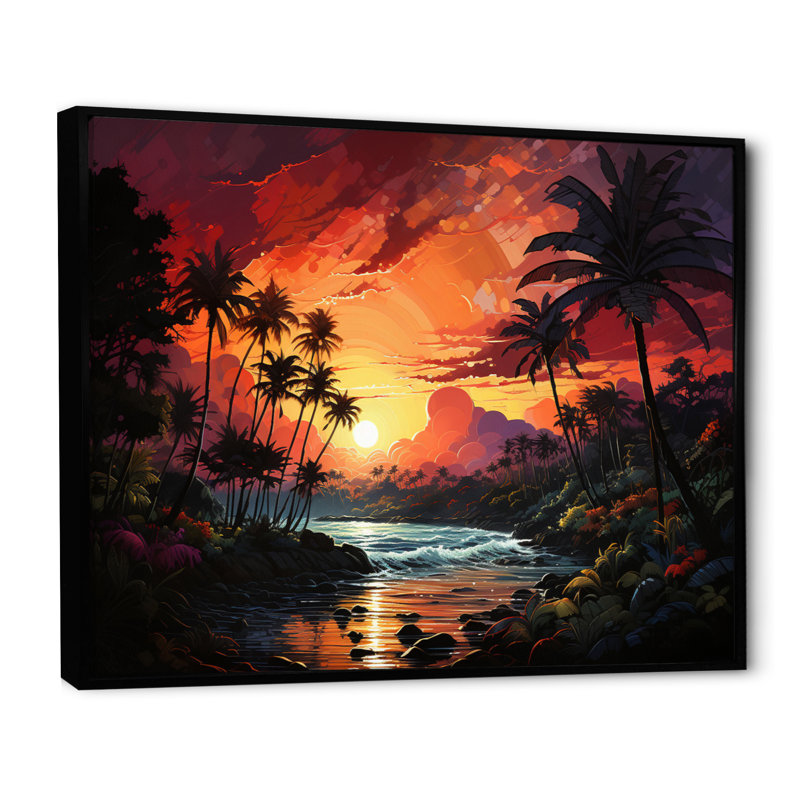 Palmiers sur un coucher de soleil coloré sur toile, H 16 po x l 32 po x P 1 po, Cadre flottant noir