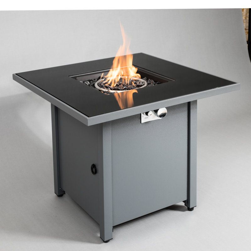 30" W X 25" H Steel Outdoor Fire Desk, Gray Modern Style, Gas Tank, Push Button Ignition, Heat Smoked Glass, Year-Round Exterior Useable Coffee Table, Modern, Glass Top, Propane/Natural Gas, All