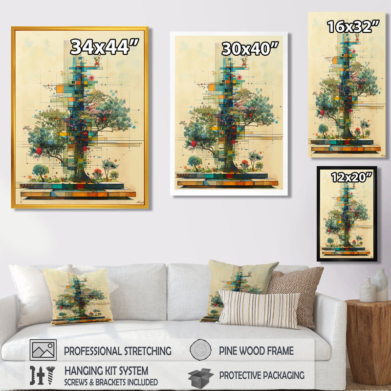 Dessin d'arbre géométrique rétro - botanique, art mural, H 20 po x l 12 po x P 1 po, Toile avec cadre flottant or