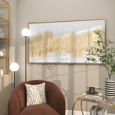 Gold Canvas Abstract Long Horizontal Living Room Framed Wall Art with Glitter Flakes, 65" x 2" x 36"