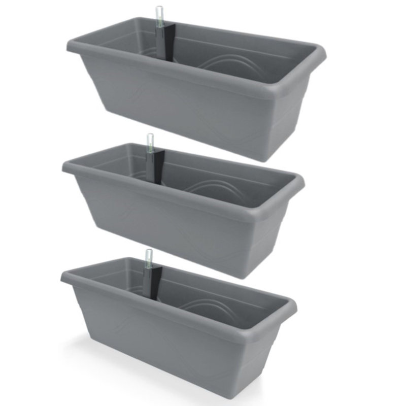 Aashma Self-watering Planters, Troughs, Flower Pots for Balcony Rails, Stone Grey, 17cm H x 39cm W x 20.5cm D, 3