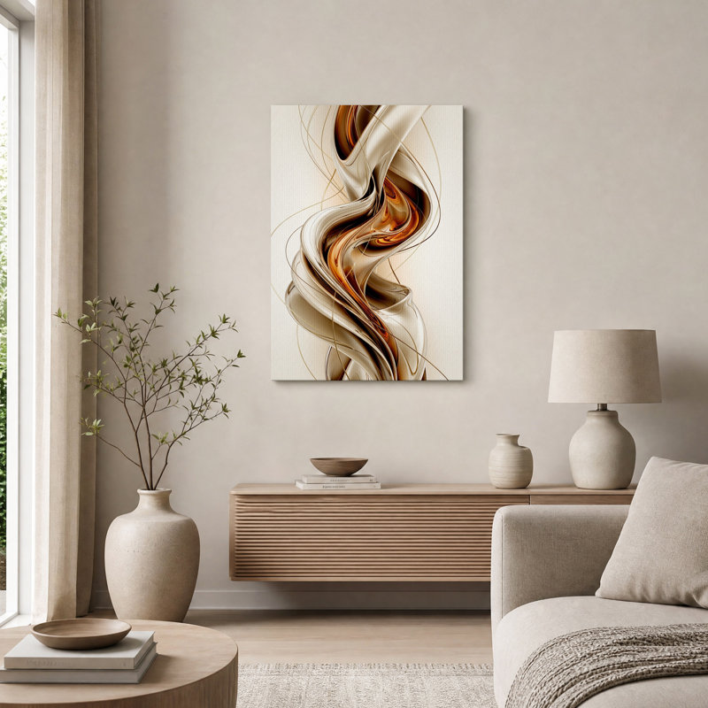 Toile murale abstraite à tourbillons métalliques tourbillonnants bronze et crème, H 36 po x l 24 po