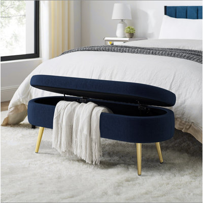 Banc de rangement repose-pieds ovale en flanelle avec pieds en métal - bleu foncé (43,5 po x 16 po x 16 po)