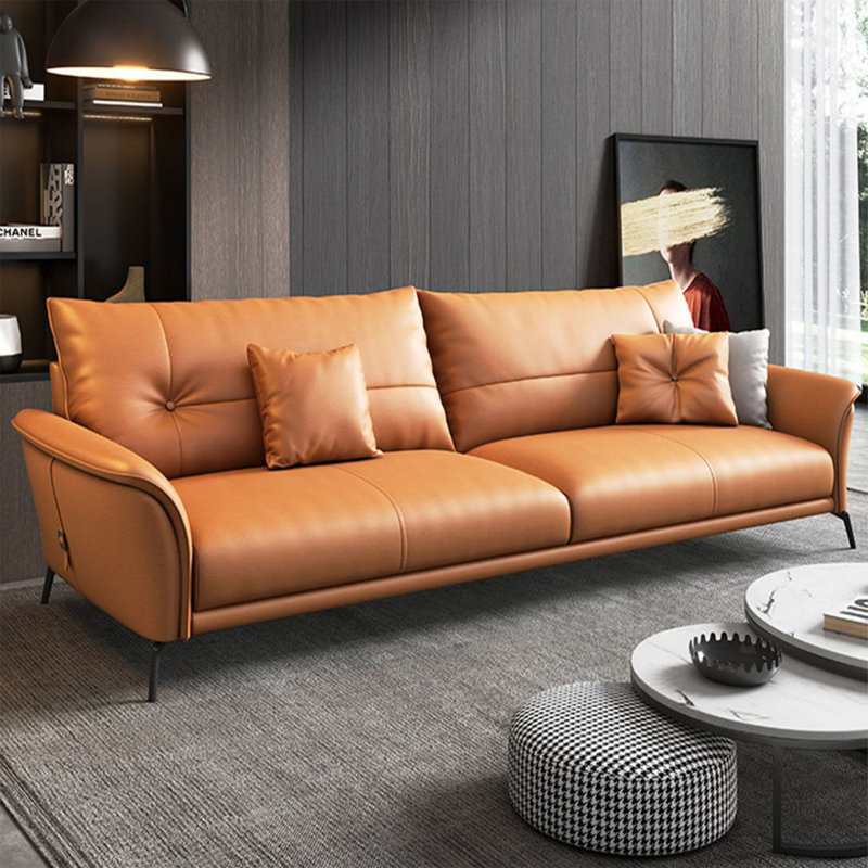 Causeuse coussin orange en cuir véritable, Orange, H 32,28 po x l 70,08 po x P 35,43 po