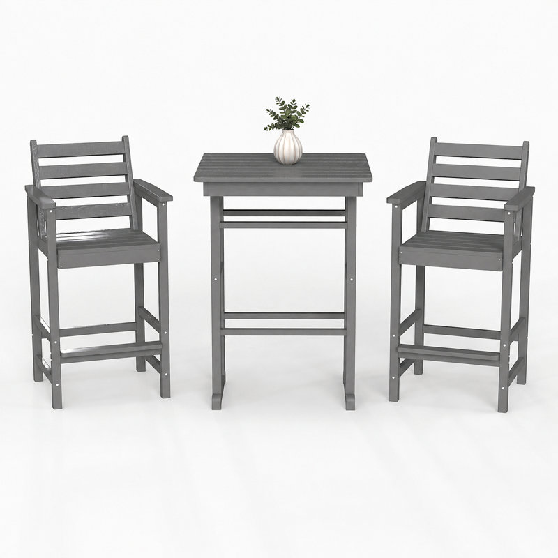 Ensemble de 3 chaises de bar et table Adirondack d'extérieur, ensemble de bar de patio en PEHD toutes saisons, Gris