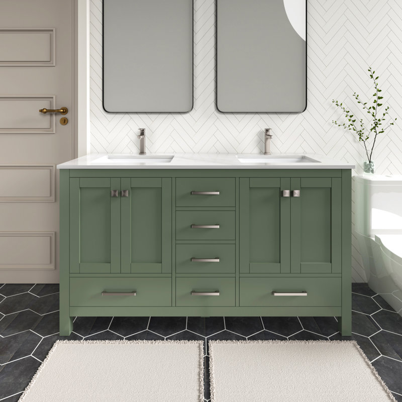 Anvay 60 in. Double Sinks Freestanding Bath Vanity in Forest Green with Carrara Quartz Top, Quartz - White Carrara