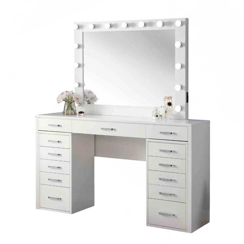 Ensemble de meuble-lavabo 1 pièce avec plusieurs tiroirs 15 ampoules avec chargeur USB et tabouret de chambre à coucher au fini blanc non inclus