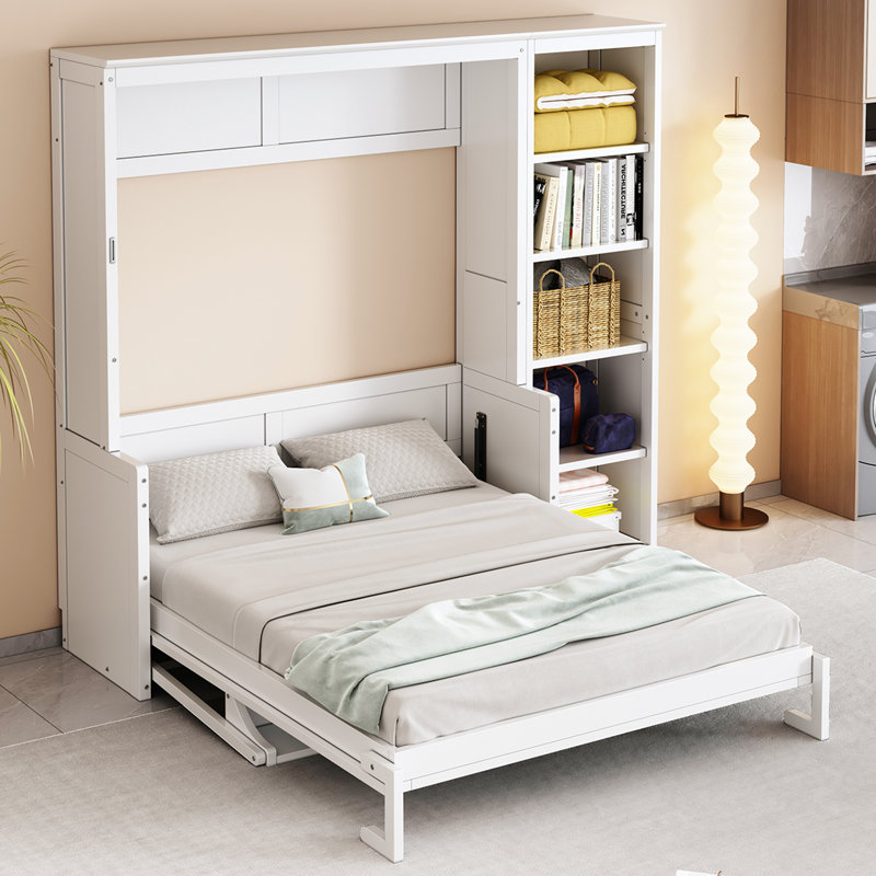 Lit escamotable pliable avec bureau et tablettes, Complète , Blanc