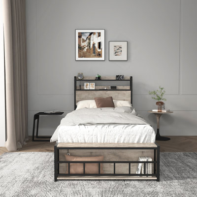 Cadres de lit simple, tête de lit et station de charge à DEL pour la chambre à coucher, et stable, sans bruit, aucun sommier requis, assemblage facile
