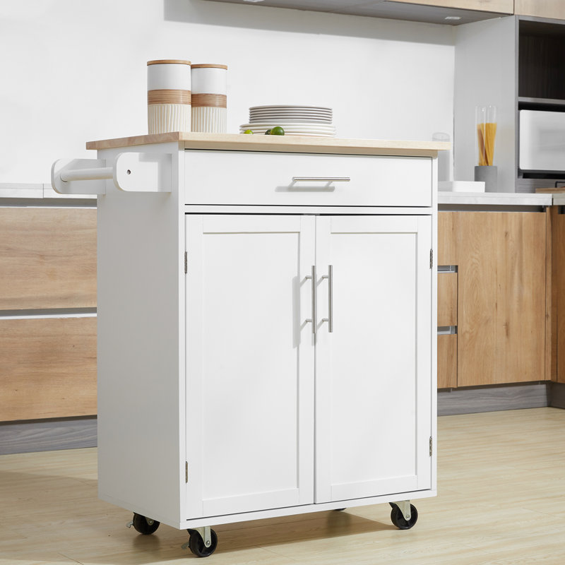 Chariot de cuisine blanc avec îlot de cuisine - avec tiroir, armoire et porte-serviettes pour une construction spacieuse