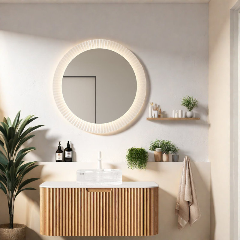Meuble-lavabo mural moderne avec lavabo, finition bois et verre, conception peu encombrante