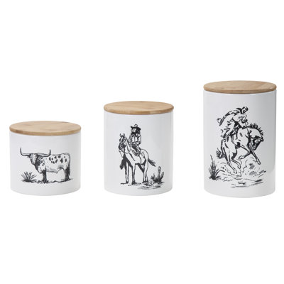 Ranch Life White Black Ceramic Western Rustic Farmhouse 3 Piece Canister Set