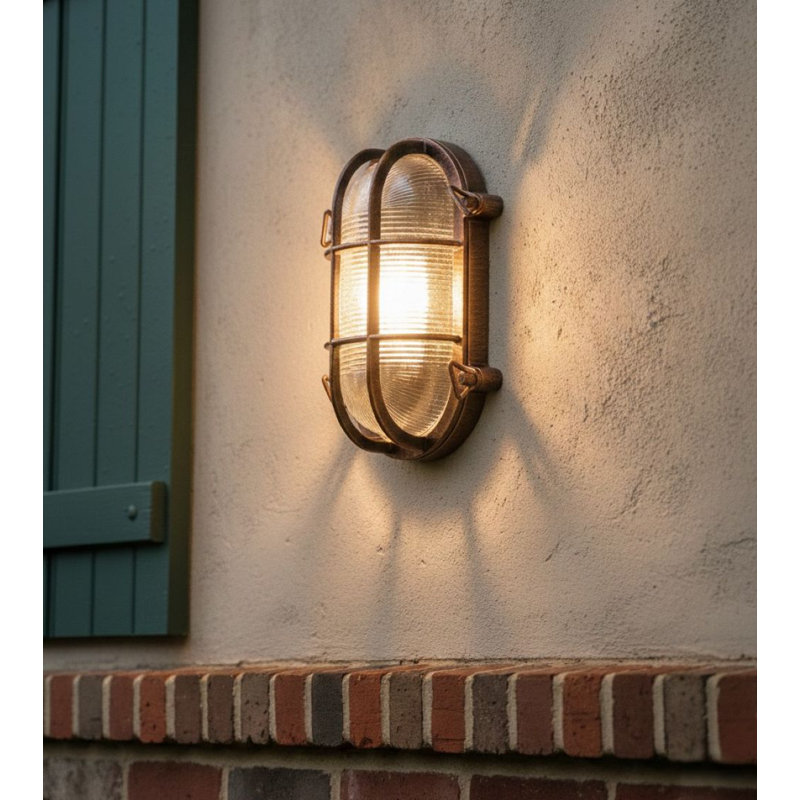 Antique Copper 25cm H Ribbed Glass Outdoor Bulkhead Light