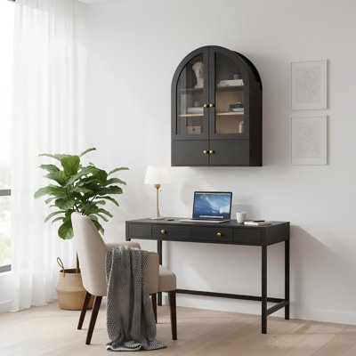 Arched Wall Cabinet with Glass Doors and Lower Storage Cabinet, Adjustable Shelves, Bathroom Organizer