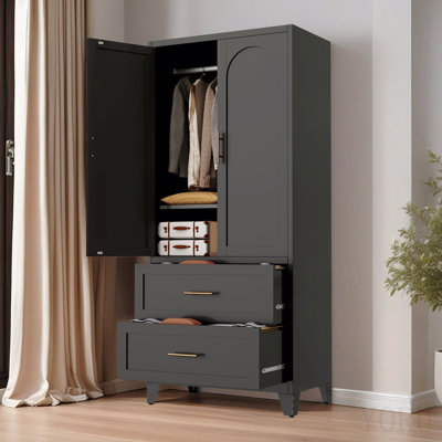 71" Tall Metal Wardrobe Cabinet With 2 Drawers And Hanging Rod, 2 Doors Wardrobe Closet With Shelf For Bedroom, Office, Laundry Room,Entryway ,Foyer,Guesthouse (Black)