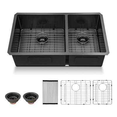 33" L x 19" W Undermount Double Bowl 60/40 Kitchen Sink 16 Gauge Gunmetal Black Sink