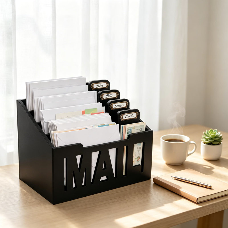 Comptoir organisateur de courrier, trieur de courrier de bureau avec fentes et étiquettes pour factures, lettres, enveloppes et reçus, noir