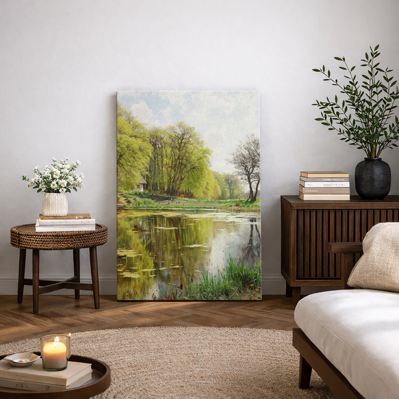 Tranquil Forest Lake Reflection, Green Nature Waterside, encadré, impression sur toile, H 18 po x l 12 po x P 1,5 po