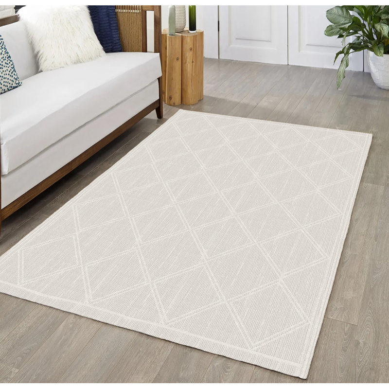 Tapis ivoire beige crème à motif géométrique boho, Rectangle 10 pi x 13 pi