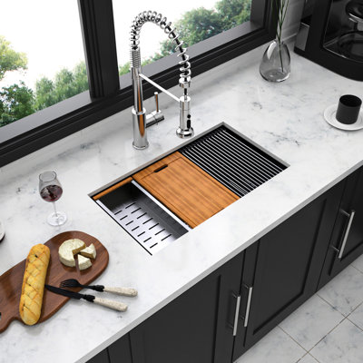 Gunmetal Black, Workstation Kitchen Sink, 16 Gauge T304 Stainless, Smooth - Sliding Track Multi Functional Workspace
