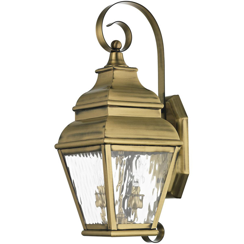 8-inch 2 Light Outdoor Wall Lantern Pendant Lighting Fixture - Clear Water Glass Shade, Antique Brass