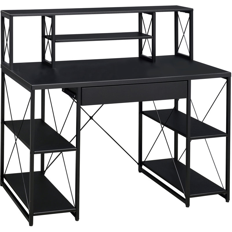 Bureau noir avec tablettes ouvertes et huche, Noir