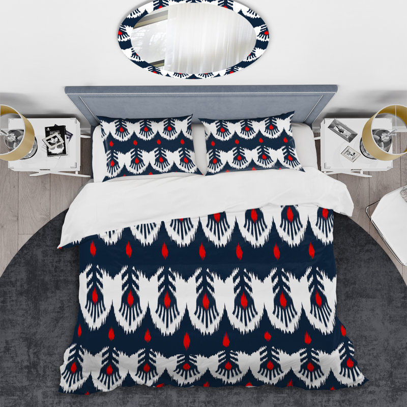 Ensemble de housse de couette en microfibre rouge / bleu / blanc Ikat Ogee, Housse de couette simple + 1 taie décorative stan