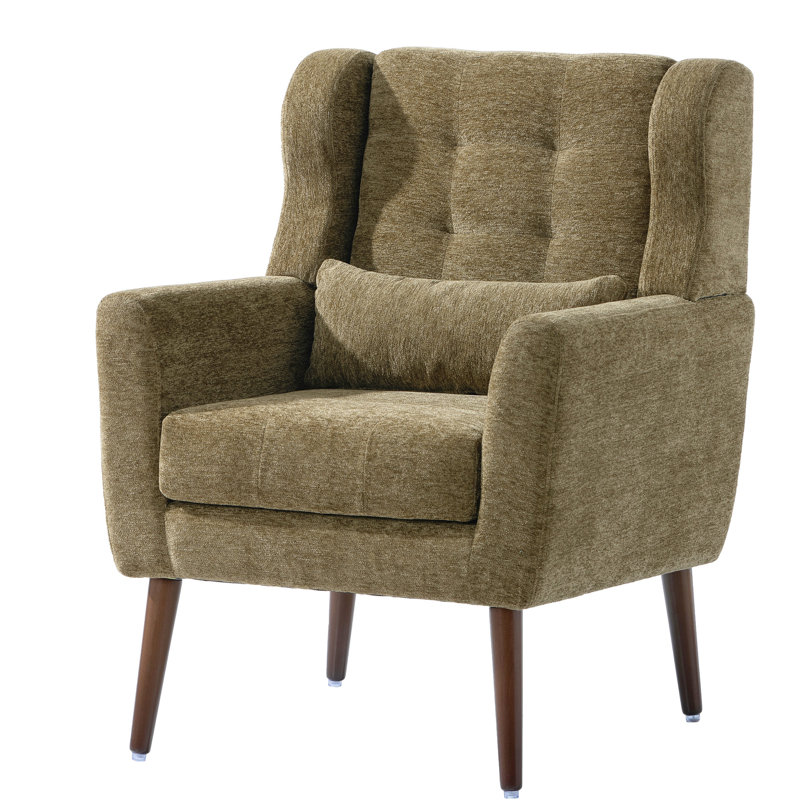 Chaise de salon en chenille moderne, fauteuil d'appoint en olive, rembourrage doux et confortable avec coussin et pieds en bois massif pour la chambre à coucher en chenille, chaise robuste et élégante