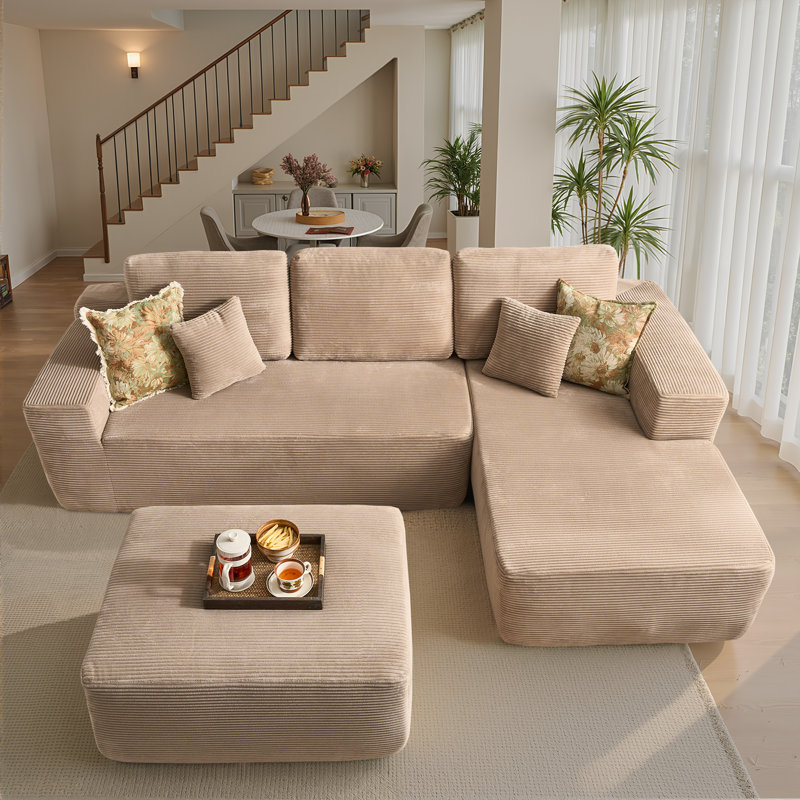 Boneless 106.3" Boneless Floor L-Shaped Sectional Sofa With Ottoman, No-Assembly Cloud Couch For Modern Living Spaces