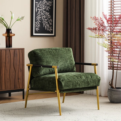 Chaise d'appoint contemporaine de 27,75 pouces de profondeur avec coussins moelleux confortables, structure en métal minimaliste, bois, or et teintes, pour les espaces confortables