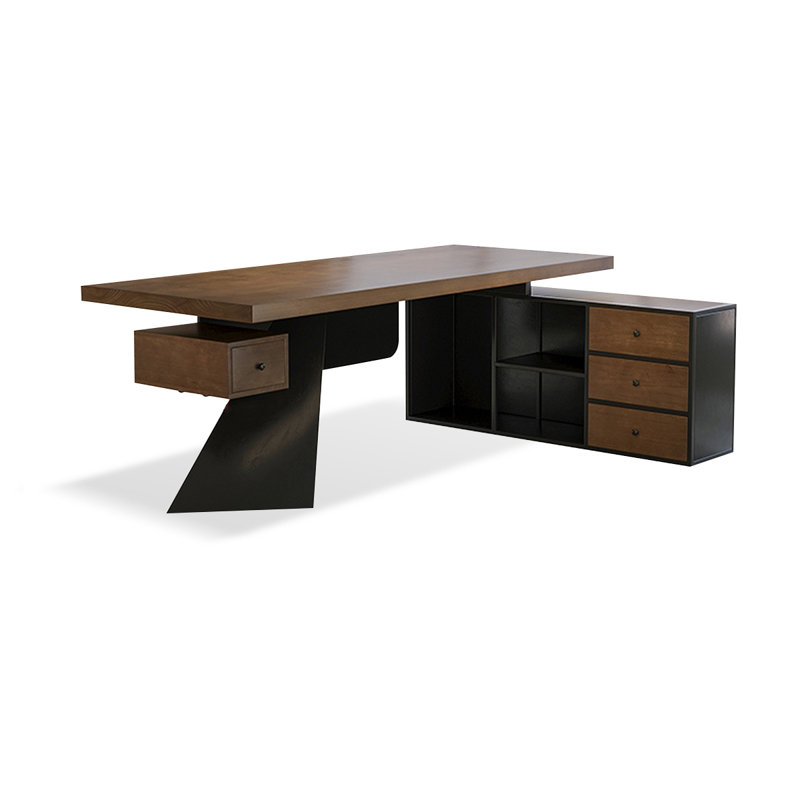 Bureau brun clair + bois massif rectangulaire noir + bureaux en fer, Retour à droite, H 29,53 po x l 70,87 po x P 27,56 po